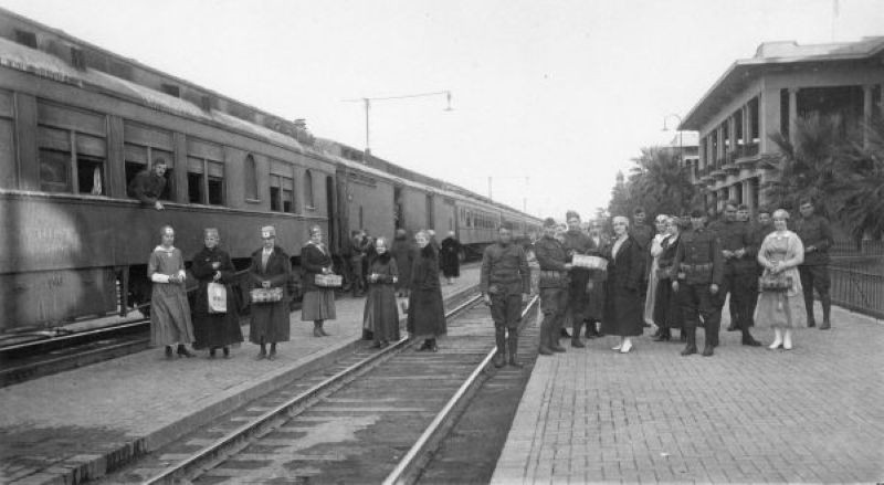 Track-side view of the Needles, California, El Garces Harvey House and train station